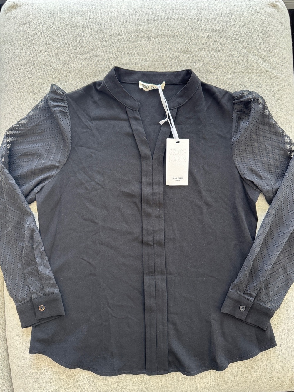 Grace Karin Black Lightweight Shirt Jacket with Lace Sleeves